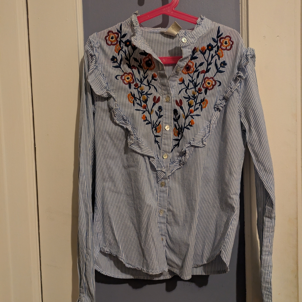 Forever 21 Striped Ruffle Button Down Shirt with Floral Embroidery